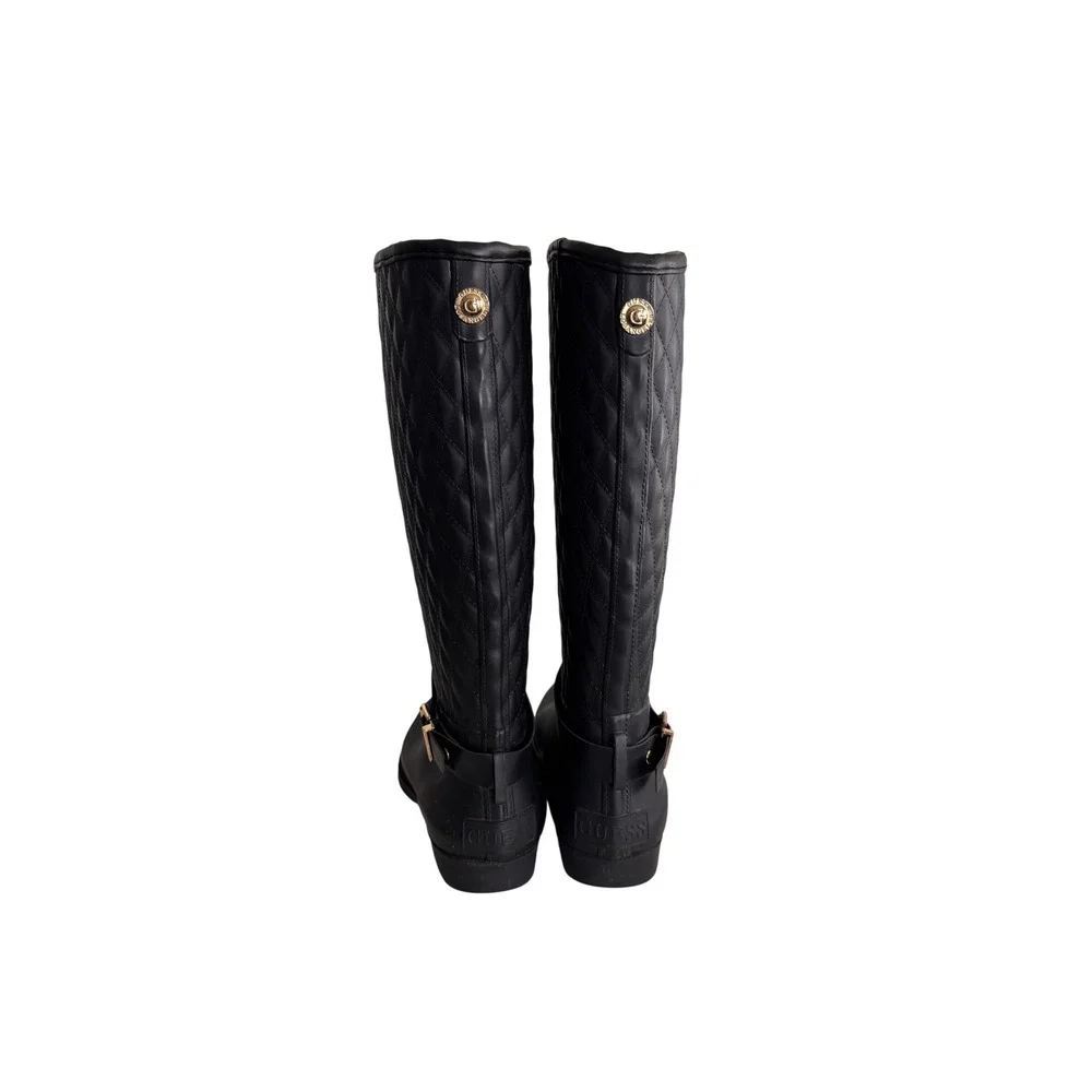 Guess GWJULUE Black Quilted Tall Rain Boots Matte Buckle Detail Womens 9